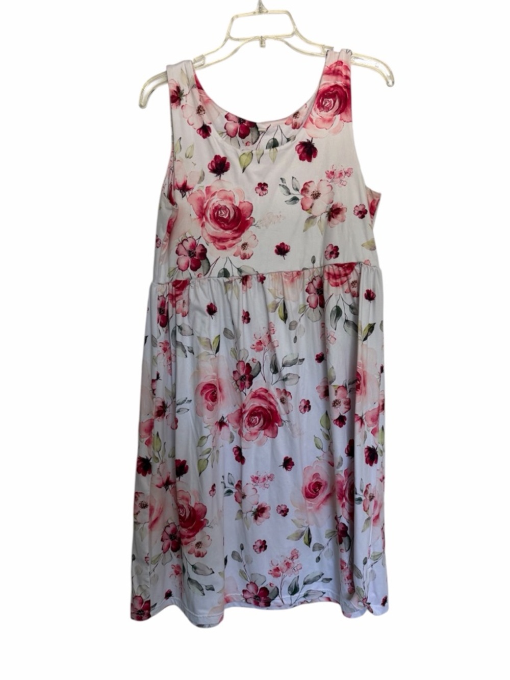 White Floral Sleeveless Sundress with Pink Rose Print